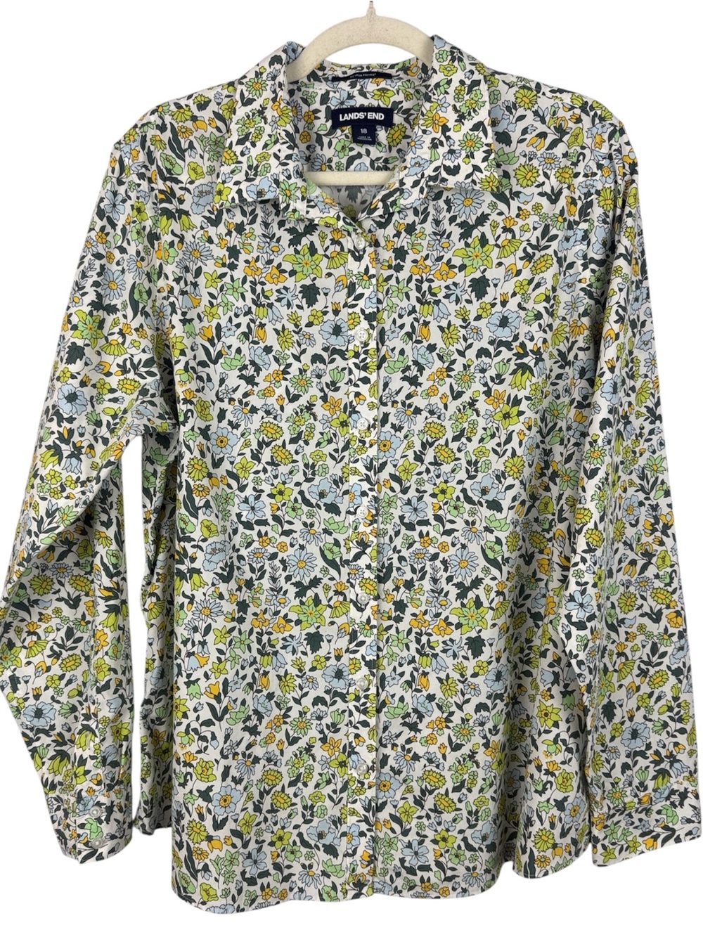Lands' End No Iron Supima Cotton Floral Button Down Shirt Size 18